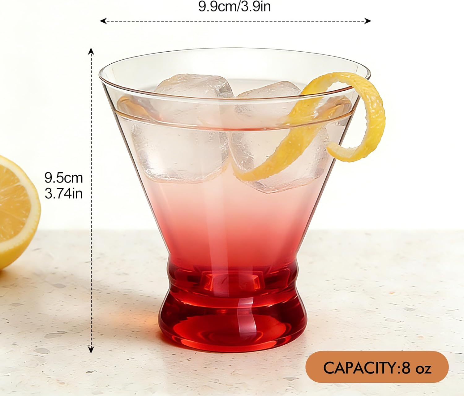 Red Stemless Martini Glasses Set of 6, 8oz Clear Cocktail Glassware for Margarita, Espresso Martini, Mocktail, Alcohol, Cosmopolitan, Manhattan and Drinking, Gift for Party, Home Bar