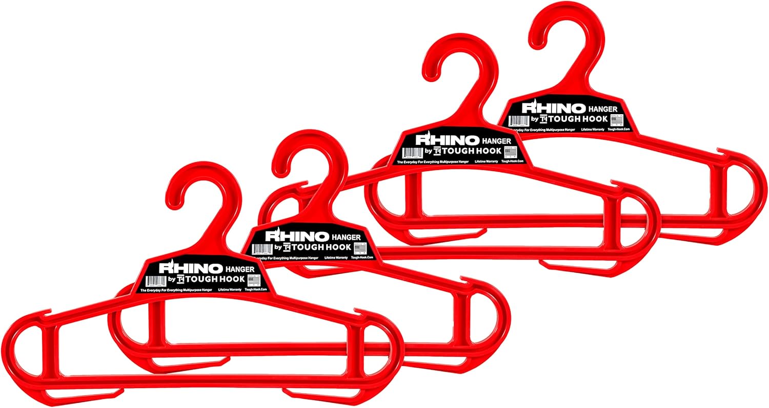 Rhino Tough Hook Heavy Duty Clothes Hangers, Military Grade Coat Hanger for Body Armor & Jacket, 200-lb Capacity Suit Hangers for Heavy Apparel, USA Made, Red 4-Pack