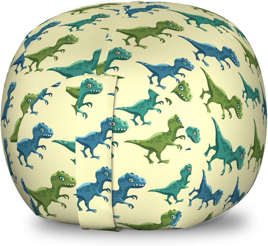 Ambesonne Animals Storage Toy Bag Chair, Jurassic Theme Cartoon Dinosaurs Patterns Walking T-rex, Stuffed Animal Organizer Washable Bag, Small Size, Yellow Multicolor