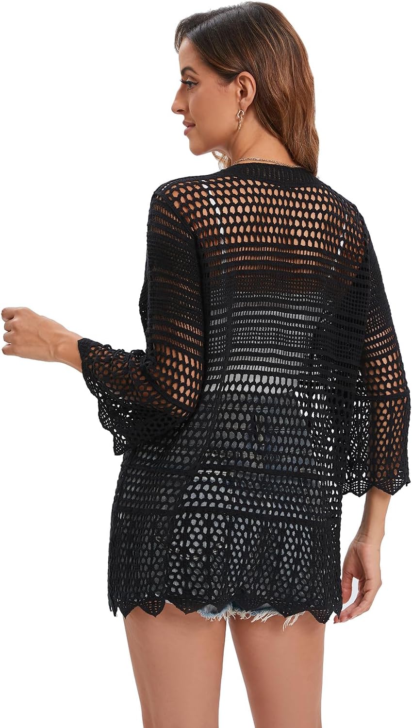 WESURE Crochet Cardigan for Women 3/4 Sleeve Open Front Lightweight Lace Boho Cover Up