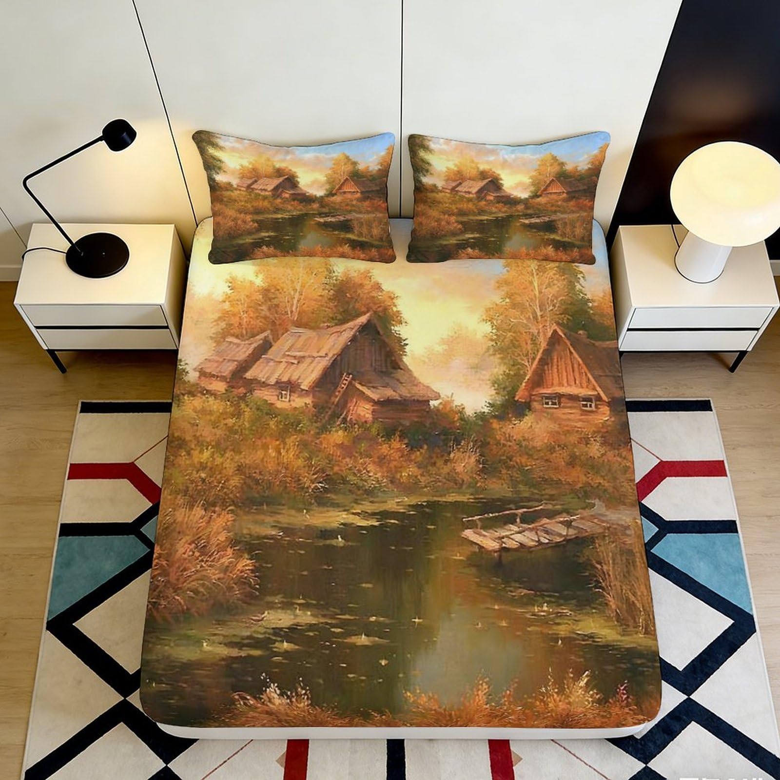 3D Printed Countryside Landscape Fitted Sheet Microfiber Autumn Village Bed Cover for Bedroom Dorm Mattress Protection Decor 160x200x25cm