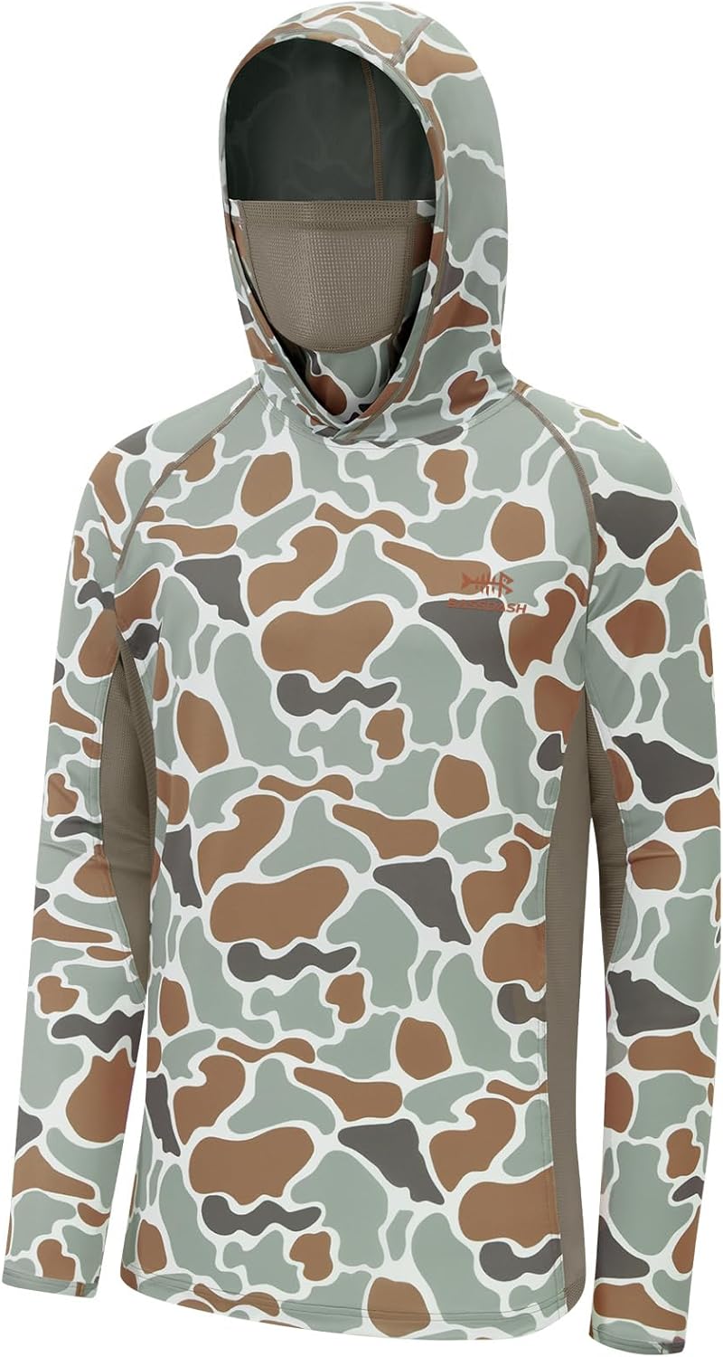 BASSDASH UPF 50+ Men’s Fishing Hoodie Shirts with Mask Camo UV Long Sleeve Moisture Wicking FS53M