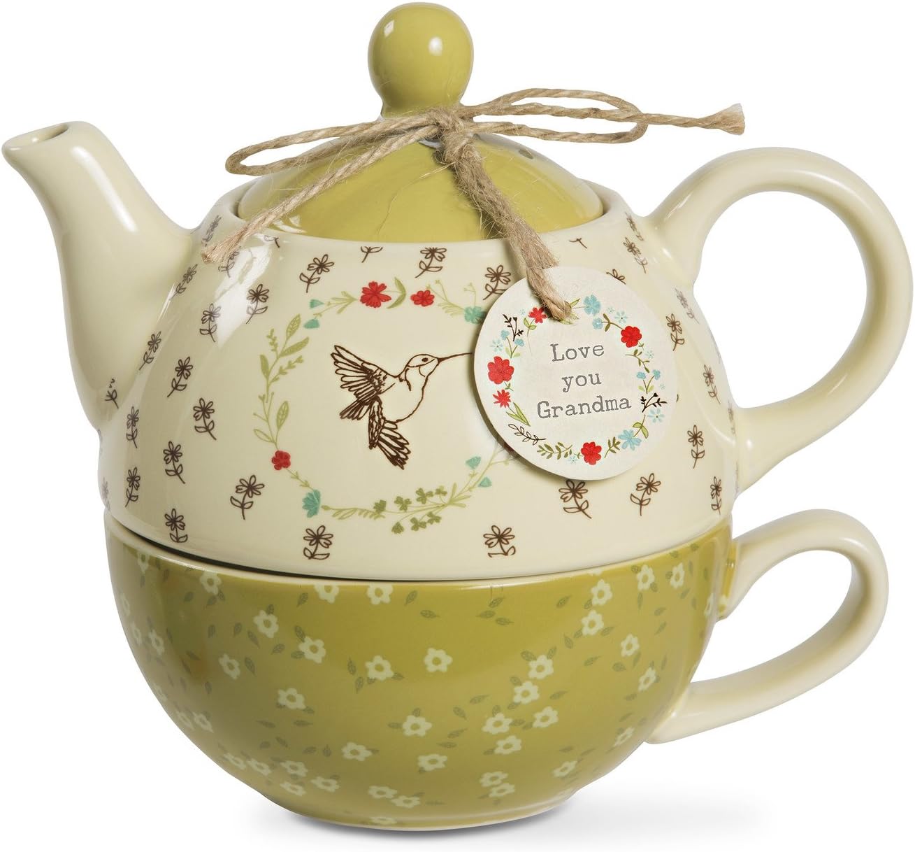 Live Simply - Love you Grandma Green Floral Hummingbird Teapot and Teacup for One Set