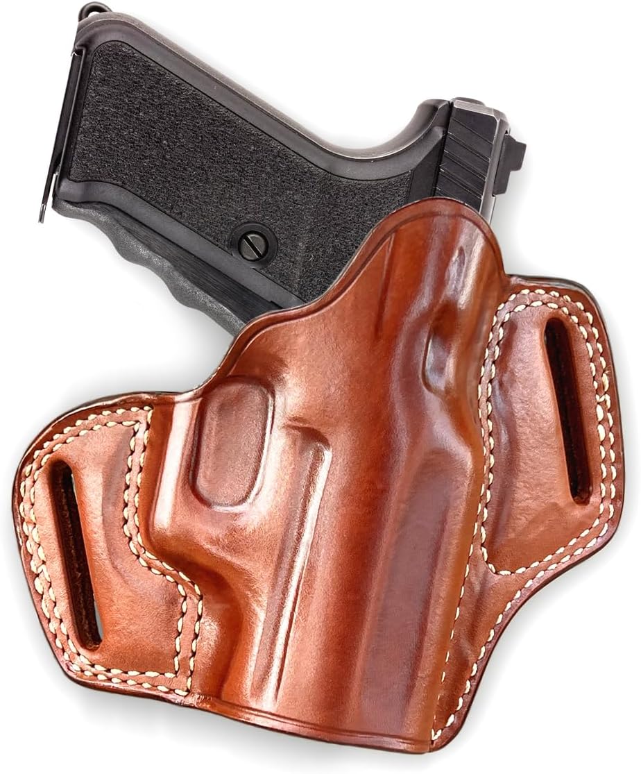 Masc Leather OWB Pancake Holster with Open Top Fits USP, VP9, P2000, P30L, P7 M8, 45C, Right Hand Draw, Brown Color (P7 M8 Cal. 9x19mm Parabellum 4.1") #1028#