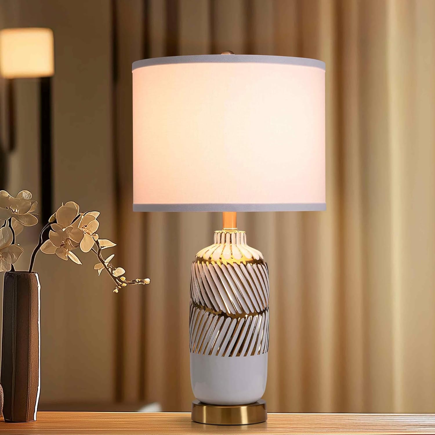 YANIC Night Light White, Desk Lamps for Office, Bedside Lamps Ceramic Minimalism Style, Three-Way Adjusted Light Switch, Dual Charging Ports AC for Bedroom Home Décor Accents Study Living Room (24331)