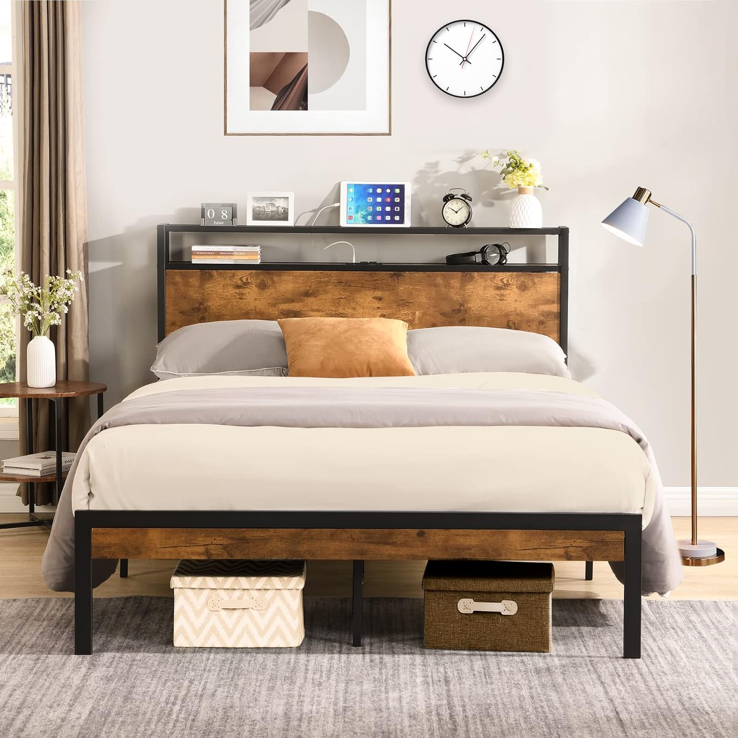Full Bed Frame, Full Size Metal Platform Bed Frame with 2-Tier Storage Wood Headboard and Power Outlets, USB Ports Charging Station/No Box Spring Needed/Noise-Free/Easy Assembly/Brown