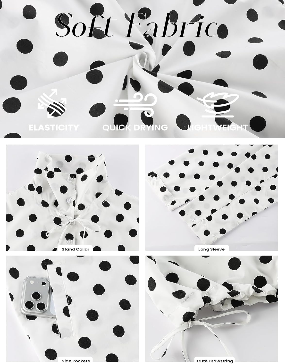Women's Polka Dot Jacket Lightweight Cropped Casual Jackets with Pocket | Polka Dot,Fall Jacket,Spring Jackets,Cropped Jacket,Zip Up Jacket,Light Jackets for Women,Funnel Neck,Drawstring
