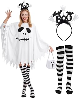 4 Pcs Halloween Ghost Costume Set for Women Adult, Scary Ghost Poncho Headband Striped Stockings Candy Bag for Halloween Cosplay Party