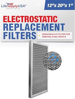 12x20x1 Electrostatic Air Filter, MERV 8, Washable, Reusable Furnace AC/HVAC Filter, Energy Saving, Easy to Clean, Long-Lasting by LifeSupplyUSA