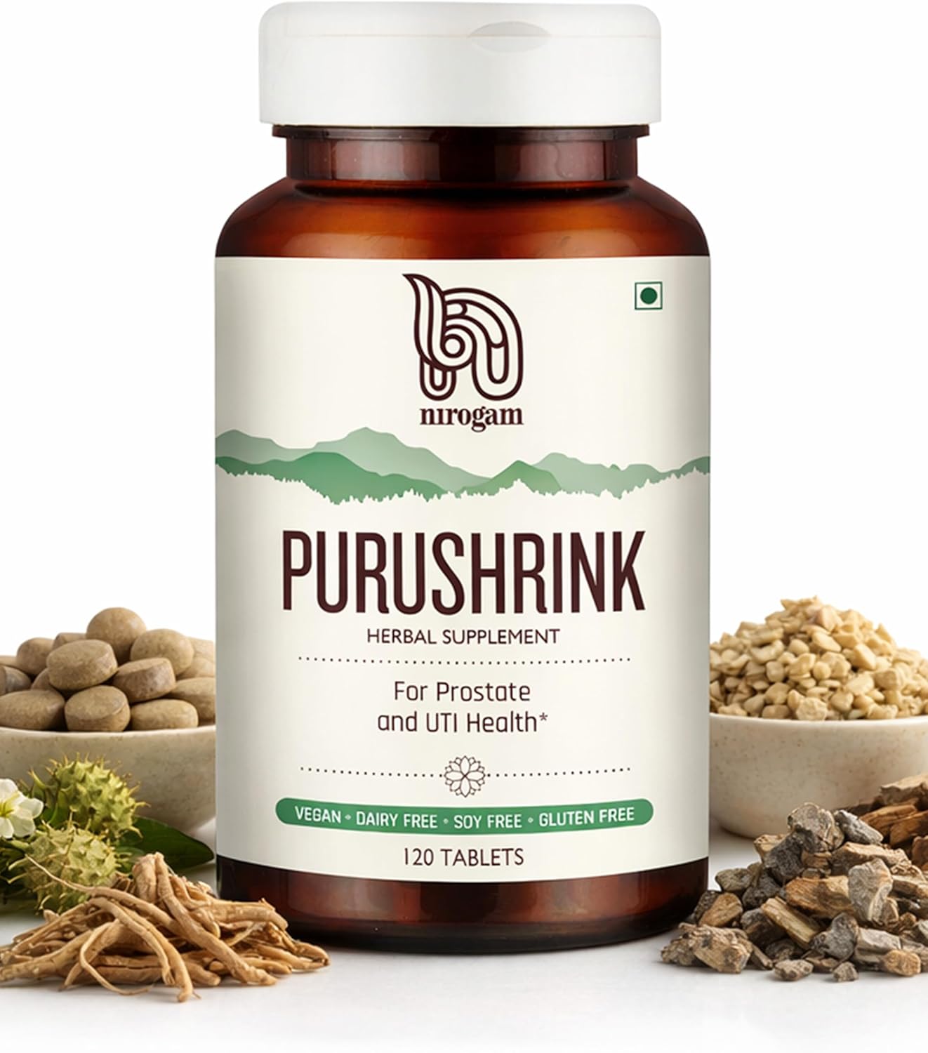 Nirogam Purushrink - BPH Prostate Supplement for Men, Supports Better Sleep & Urinary Health - Natural Ayurvedic Herbal Supplement 120 Tablets - Vegan, Dairy Free, Gluten Free