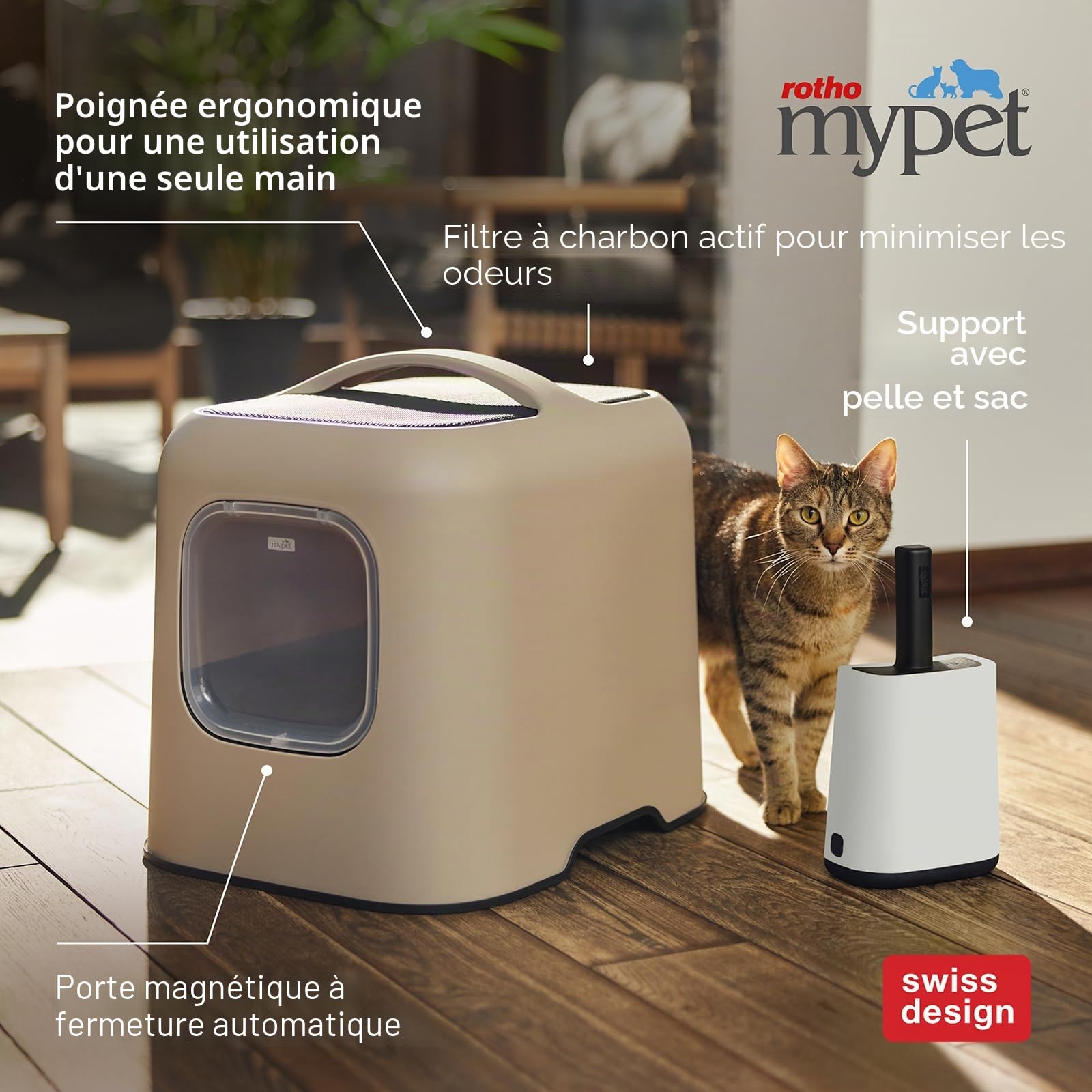 Rotho MyPet Bea Protect Bac litiere pour Chat 51 cm avec Couvercle Gris | Bac a litiere pour chat fermé, maison de toilette chat, porte battante à aimant, filtre à charbon actif, pare-éclaboussures
