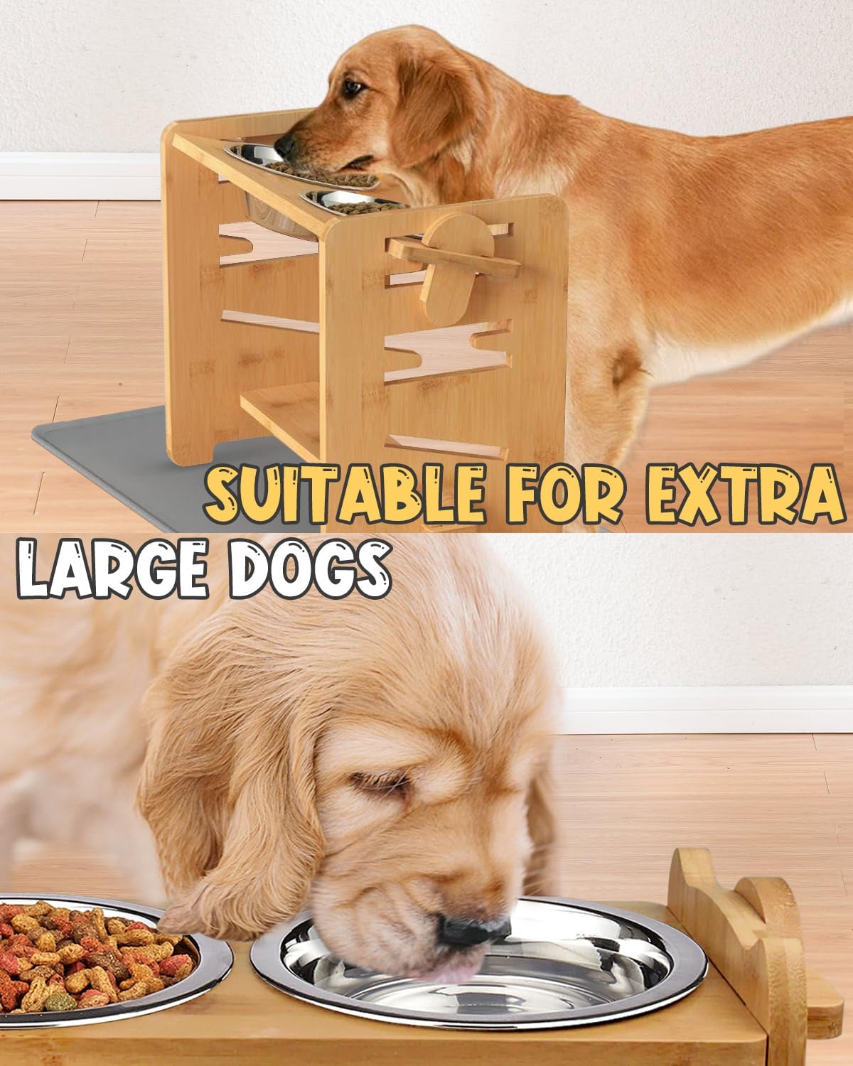 Petnimal Elevated Dog Bowls, Adjustable Raised Dog Bowls Stand for Large and XL Size Dogs, Durable Bamboo Dog Feeder with 2 Stainless Steel Bowls and Non-Slip Feet, Dog Food Bowls with Silicone Mat