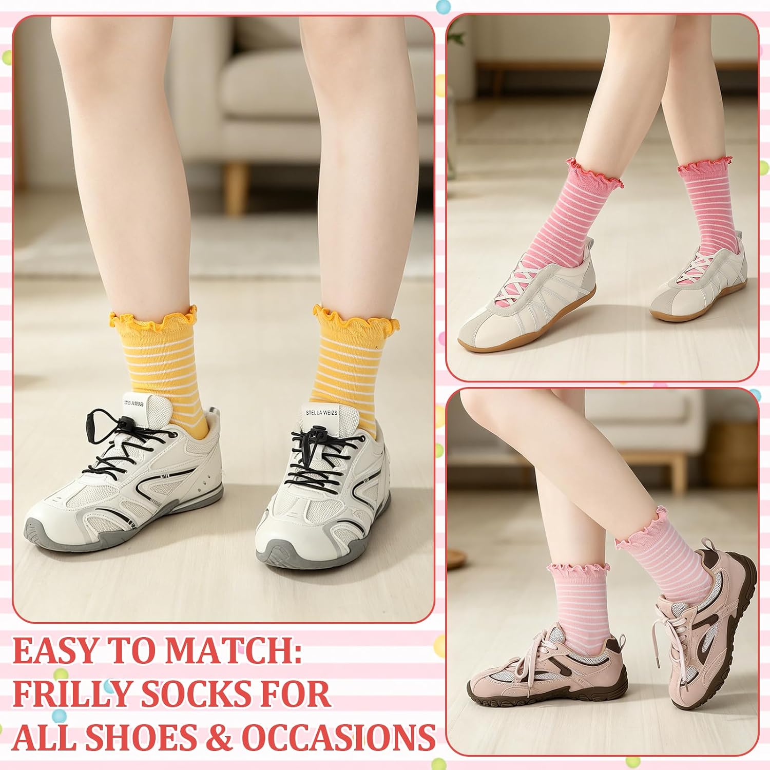 6 Pairs Women Cute Bow Crew Socks, Ruffle Frill Cotton Socks Casual Novelty Socks for Women Girls