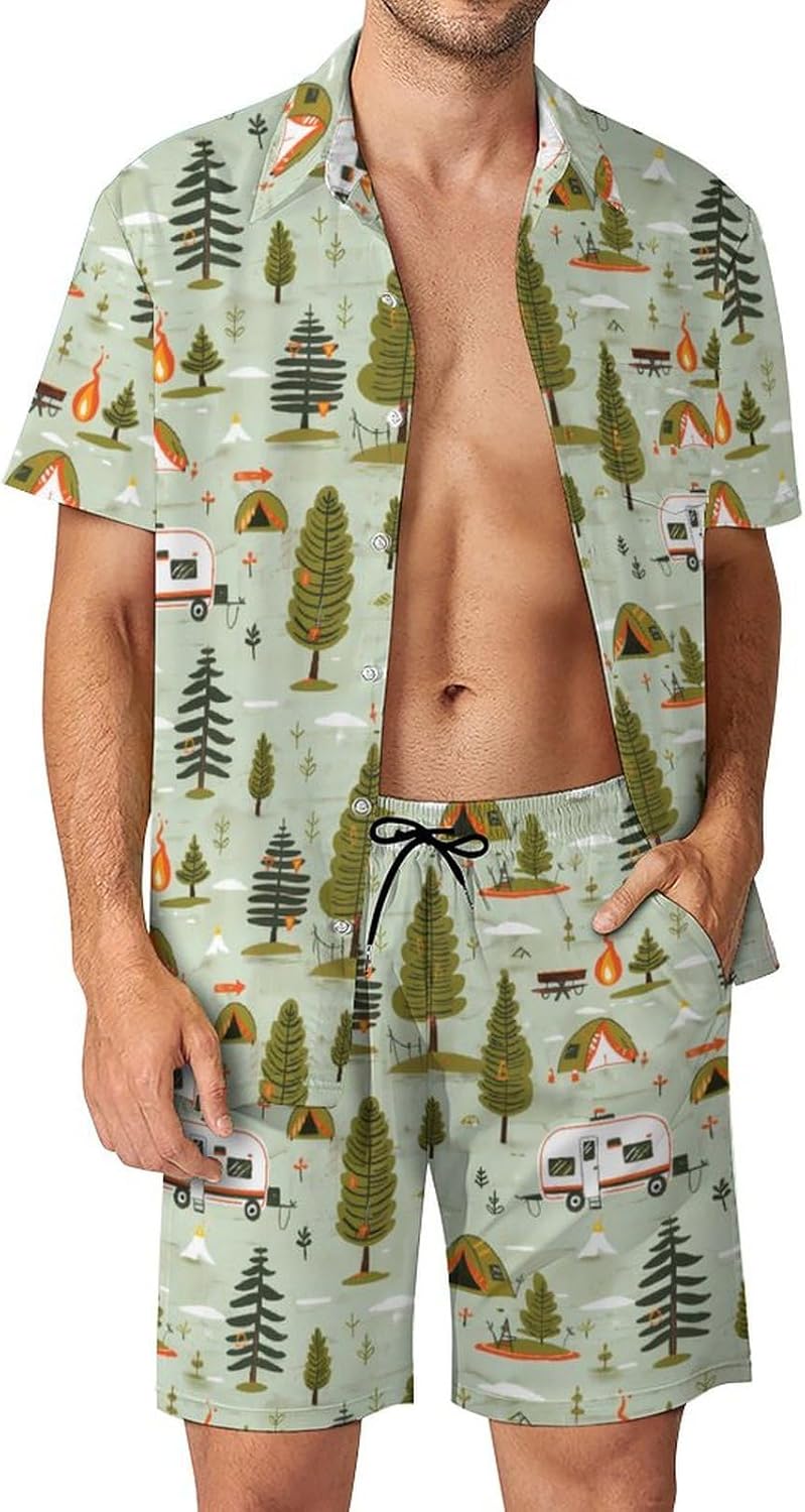 Camping Pattern Men's Summer Beach Outfits Shirt And Shorts Set 2 Piece Vacation Swimwear