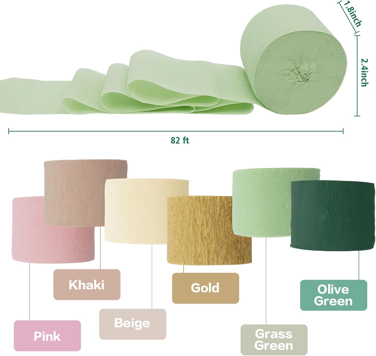 Crepe Paper Streamers Party Decorations - 6 Rolls Grass Green Gold Pink Olive Green Beige Khaki Streamers, Crepe Paper Rolls for Birthday Wedding Party