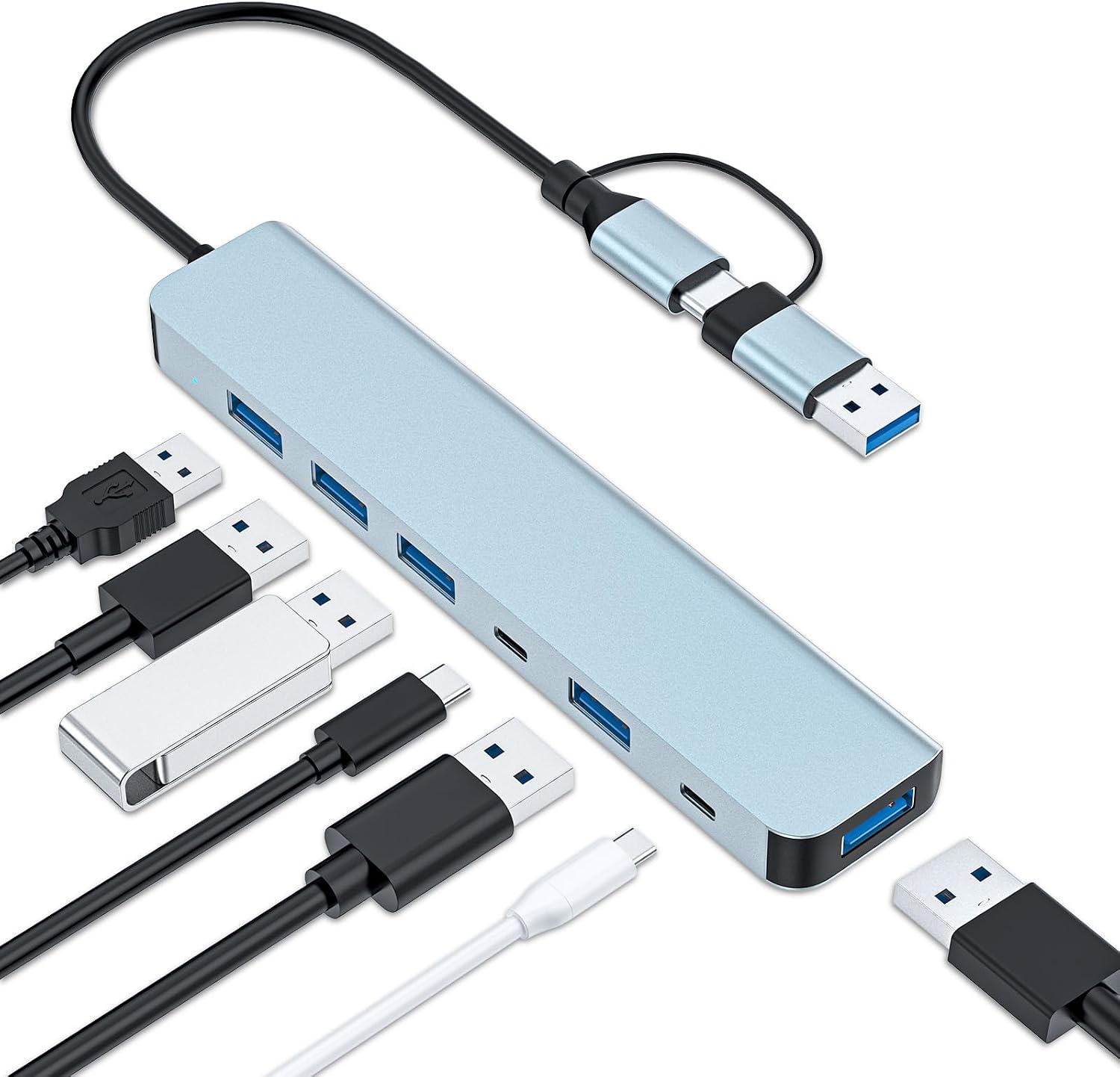 7-Port USB-C Aluminum Hub with USB 3.0 and USB 2.0 Ports — front view