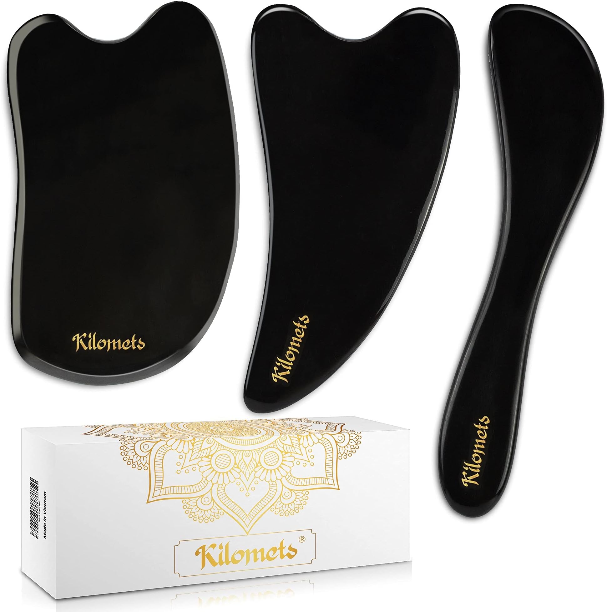 Gua Sha Massage Tool Pack 3 Muscle Scraper Tools - Smooth Edge for Beauty Physical Therapy - Reduce Muscle Pain Tissue, Massage Tendon, Myofascial Releaser Face Eye Body