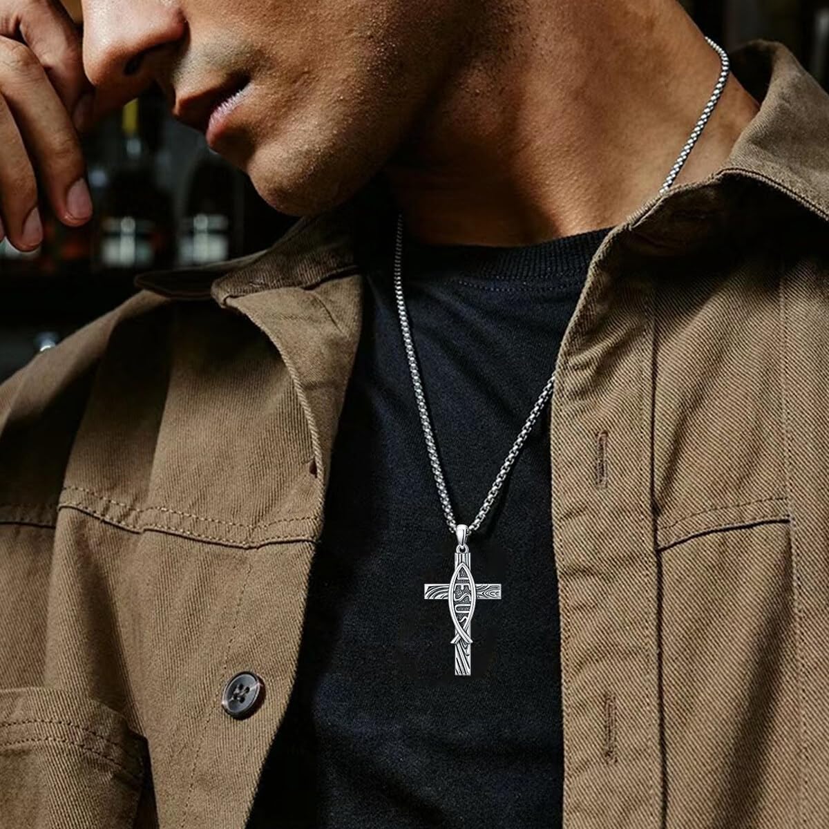 Cross Christian Fish Necklace 925 Sterling Silver Cross Pendant Religious Jewelry Gifts, w/Stainless Steel Chain 22”+2” - Image 3