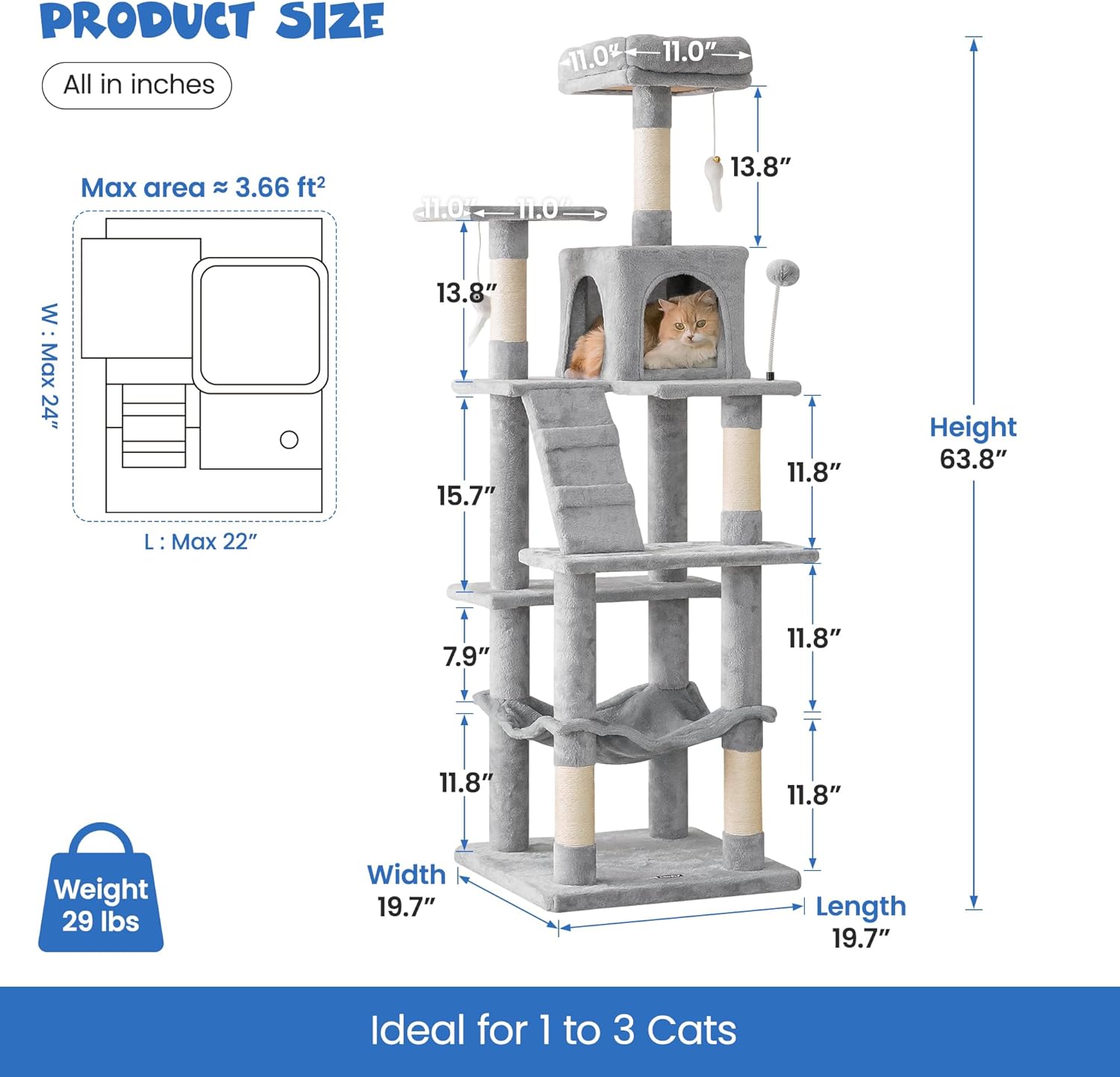 MWPO 63.8 inches Multi-Level Cat Tree for Large Cats with Sisal-Covered Scratching Posts, Padded Platform, Hammock and Condo,Stable Cat Tower Cat Condo Pet Play House-Light Gray