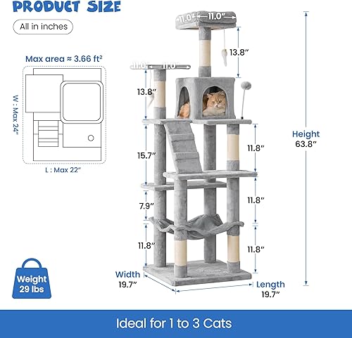 Miniatura 6 de MWPO Árbol para gatos de varios niveles de 63.8 pulgadas para gatos grandes con postes rascadores cubiertos de sisal, plataforma acolchada, hamaca y