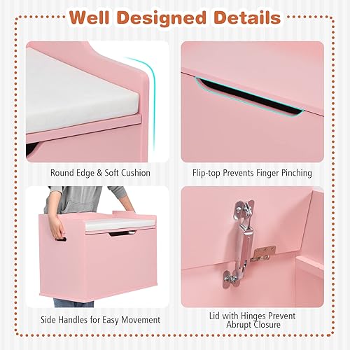 Miniatura 3 de Costzon Baúl de madera para juguetes para niños, caja ancha de almacenamiento para juguetes con asiento de banco, caja de almacenamiento de juguetes