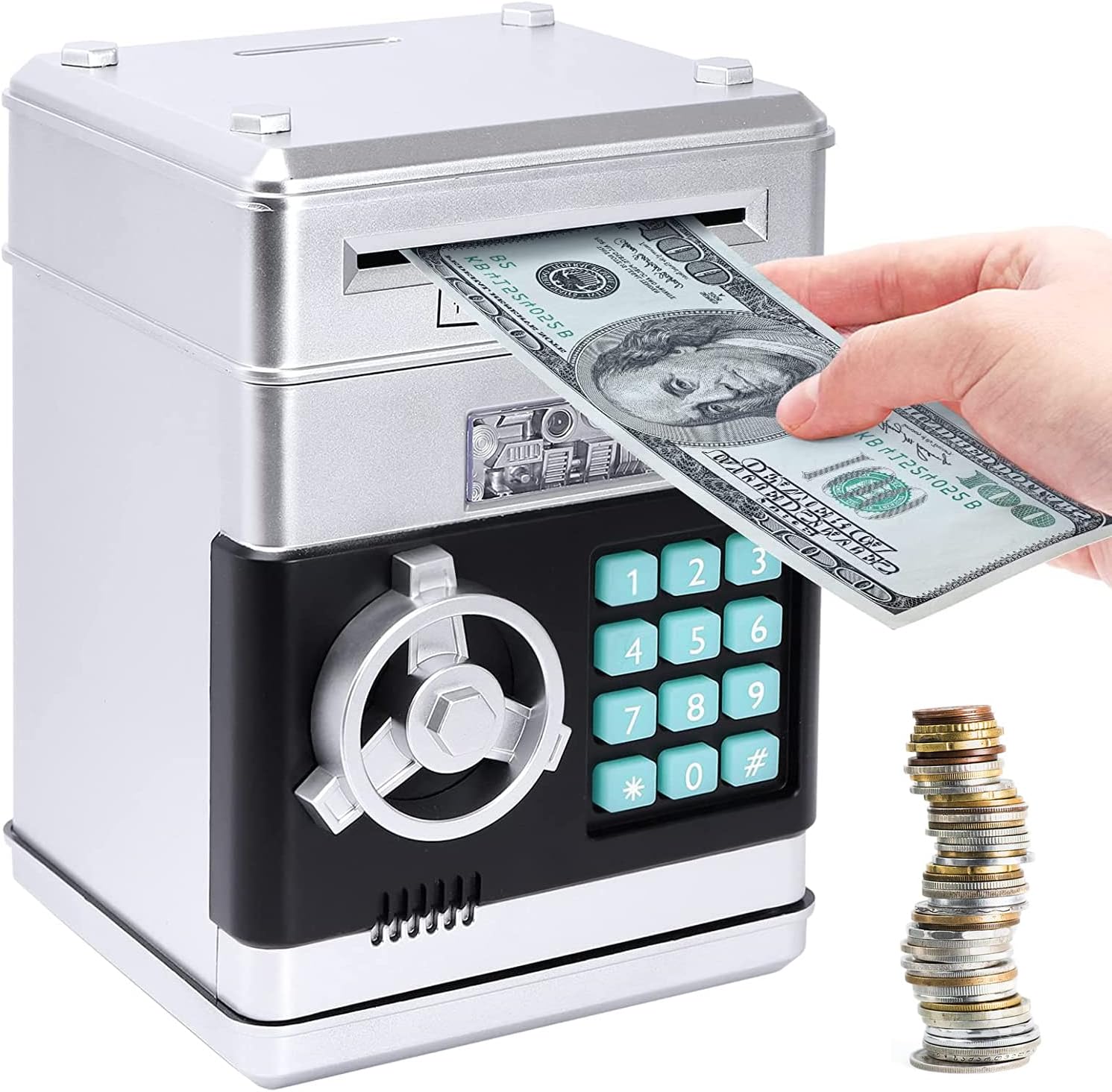 OUSCENE Piggy Bank Boalord for Boys Girls, Electronic ATM Password Piggy Bank Cash Coin Can Auto Scroll Paper Money Saving Box（Silver）