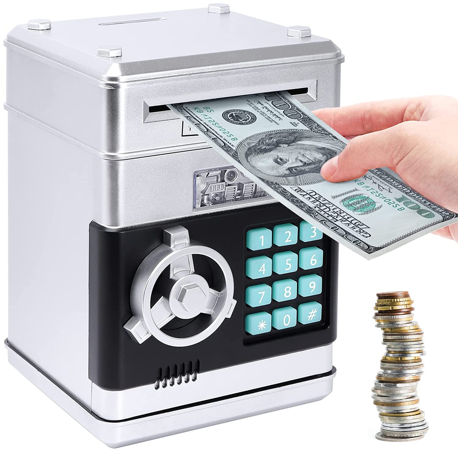 OUSCENE Piggy Bank Boalord for Boys Girls, Electronic ATM Password Piggy Bank Cash Coin Can Auto Scroll Paper Money Saving Box（Silver）