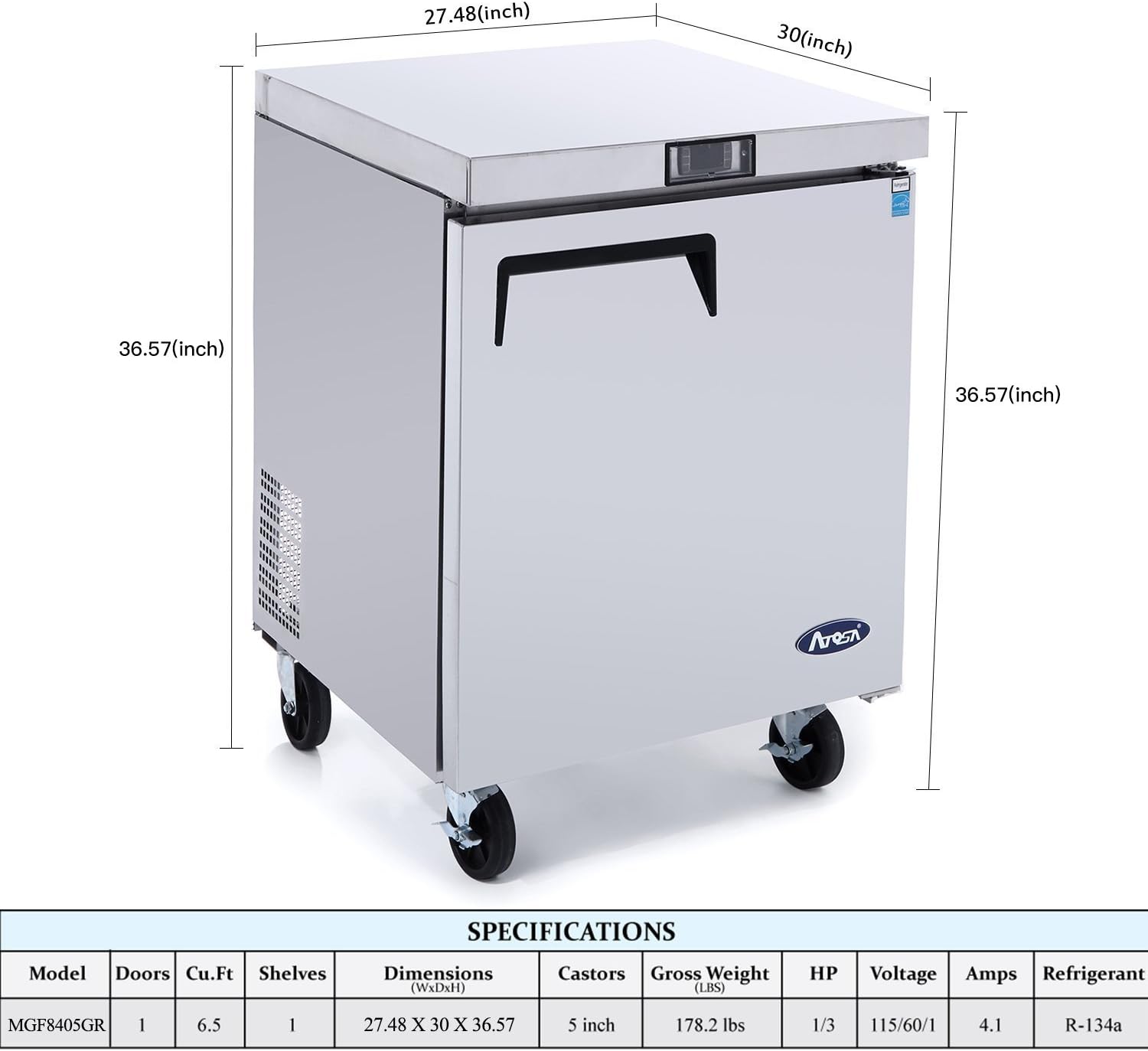 Atosa MGF8405GR 28" Undercounter Worktop Food Prep Freezer for Restaurant Pub Bar Cafeteria | 1 Solid Swing Door, 1 Adjustable Epoxy Coated Shelves | 7.2 Cu. Ft | Stainless Steel, 115v (-8°F to -0°F)