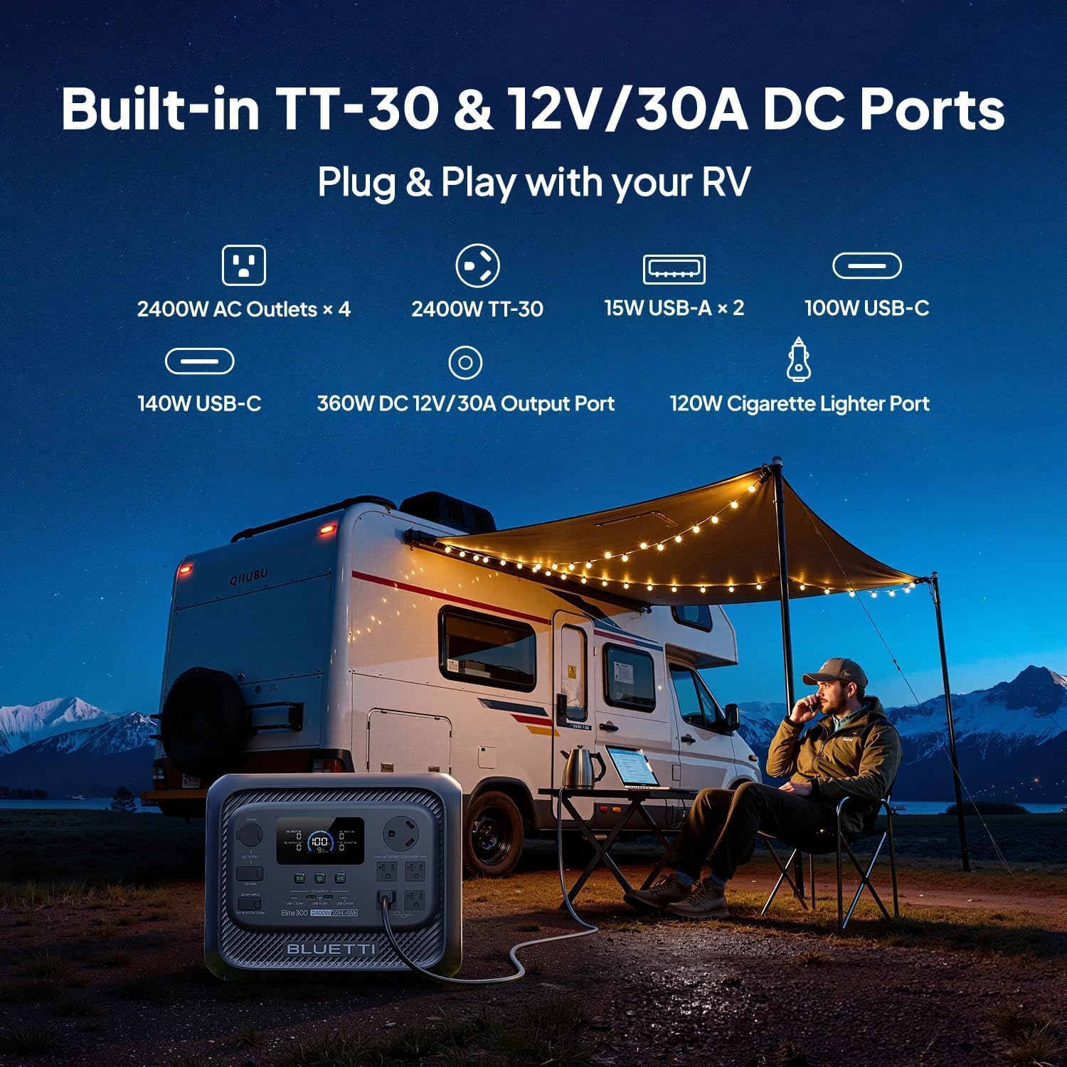 BLUETTI Elite 300 Portable Power Station with Solar Cable, 3014Wh LiFePO4 Battery Backup, 2400W Solar Generator (4800W Surge), 3kWh Compact Emergency RV Outdoor Power with TT-30 RV Port & 12V/30A DC