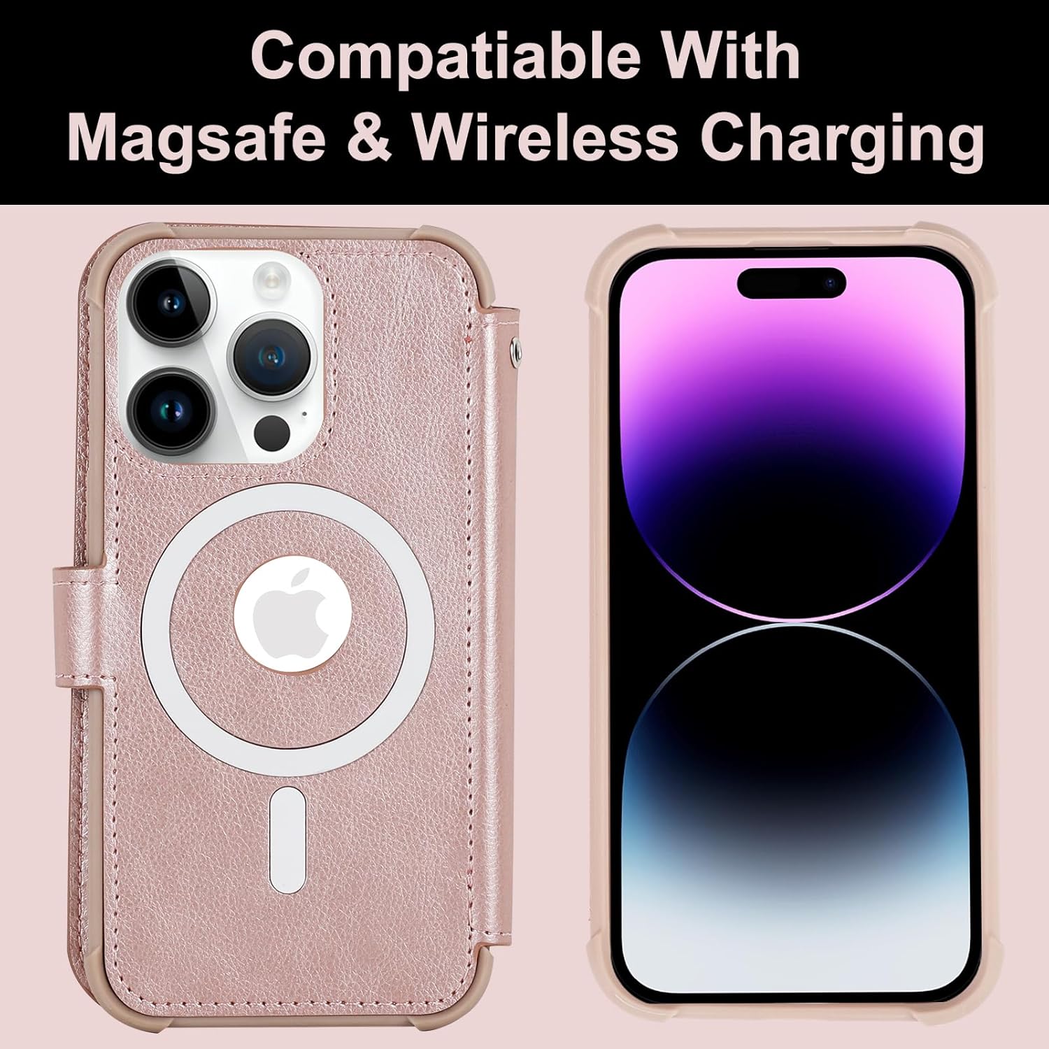 VANAVAGY Compatible for iPhone 14 Pro Wallet Case for Magsafe Wireless Charging, PU Leather Flip Folio Phone Cover with Wrist Strap RFID Blocking Card Holder Screen Protector,Rose Gold - Image 6