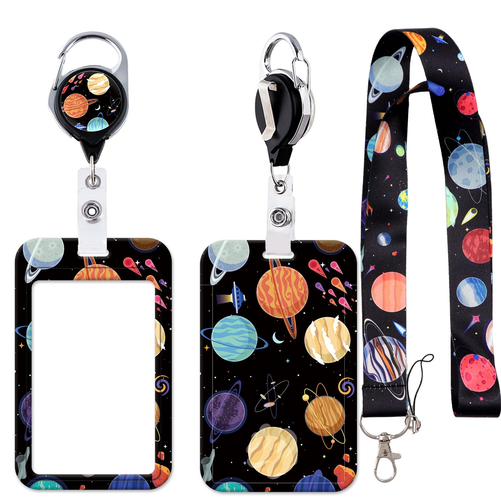 BKBKAAK Planet Lanyards for ID Badges Holder, Galaxy Retractable Reel Clip with Neck Lanyard and Card Holder, Cool Space Lanyard with Keychain for