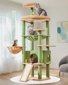 Taoqimiao Cat Tree, 183cm Large Cat Tree for Big Cats Cat Towers for Indoor Cats with 5 Scratching Posts, Spacious Platform, Widened Cat Condo, Metal Hammock, Large Scratch Board, Green MS045T