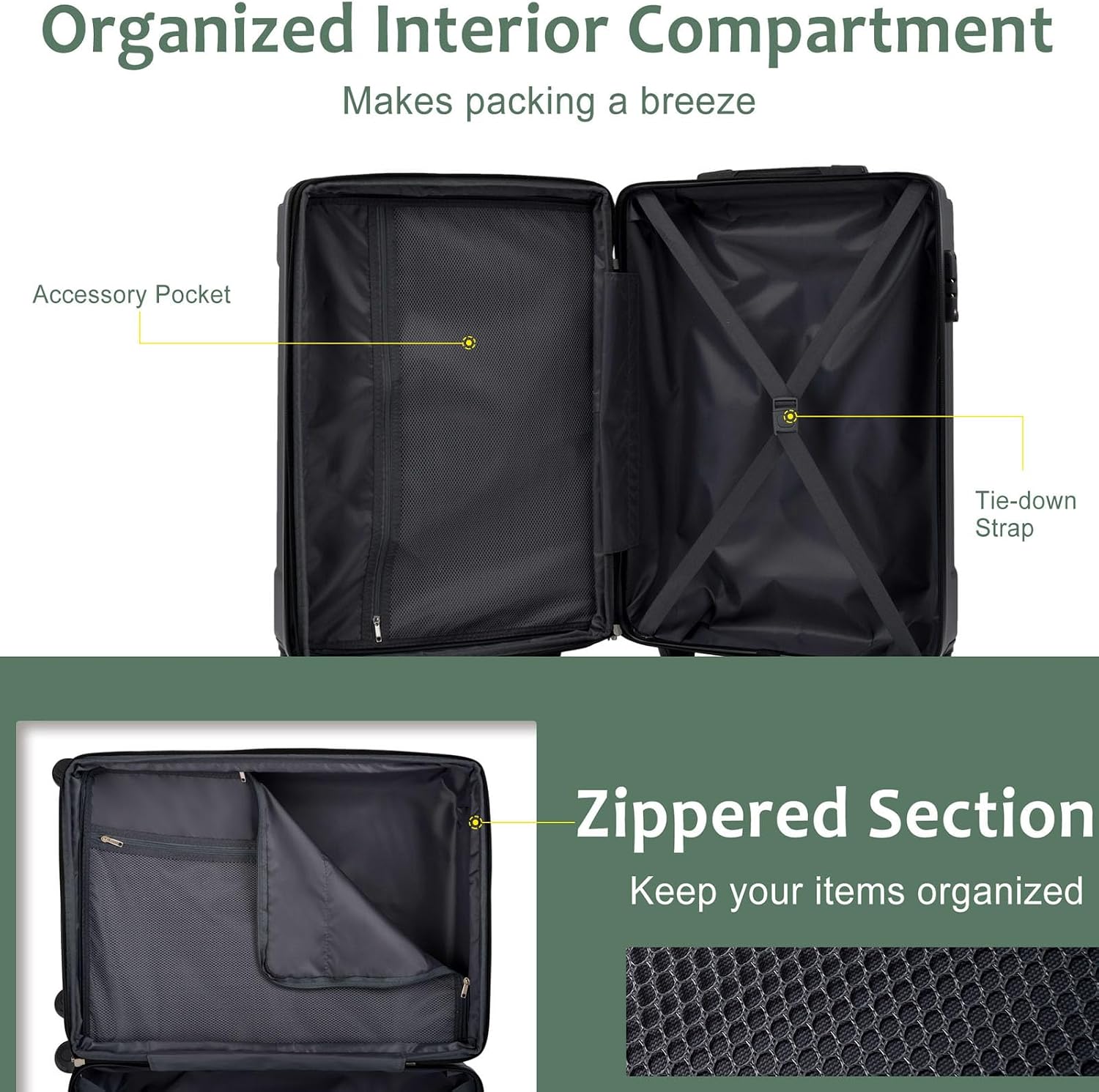 28 Inch Luggage with Spinner Wheels, Black Checked Luggage, Lightweight Durable ABS Suitcases with Double Wheels for Travel, Business Trips, Vacations (Green, 28 Inch)