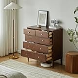 Wayshome 100% Solid Wood Nightstand, 5 Drawer Walnut Dresser for Bedroom, Mid Century Nightstands, Modern 33