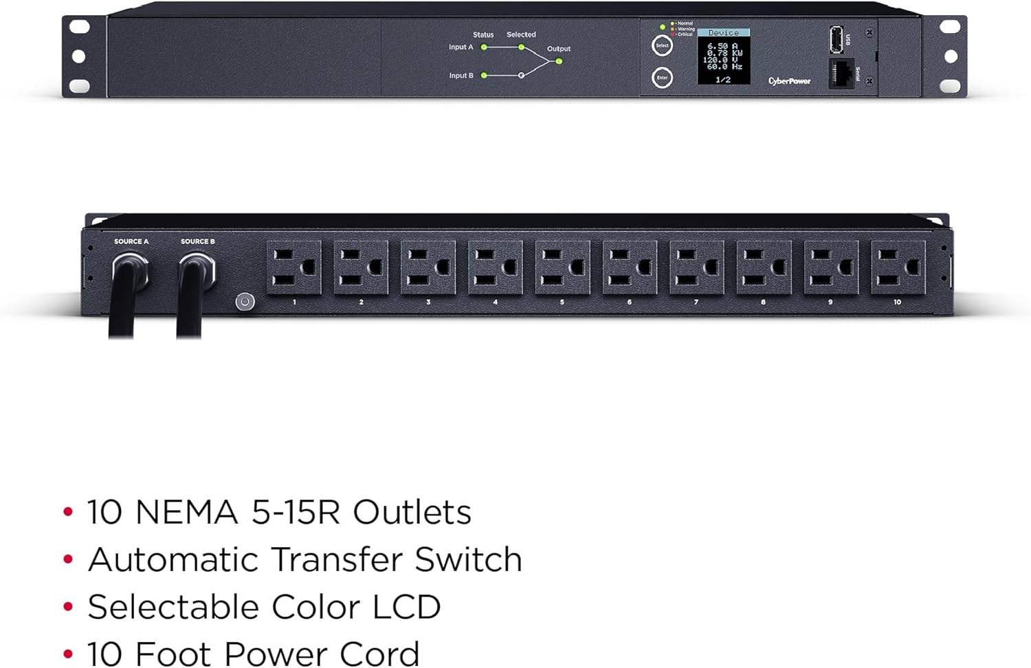 CyberPower PDU24001 Metered ATS PDU, 100-120V, 15A (Derated to 12A), 10 Outlets, 1U Rackmount