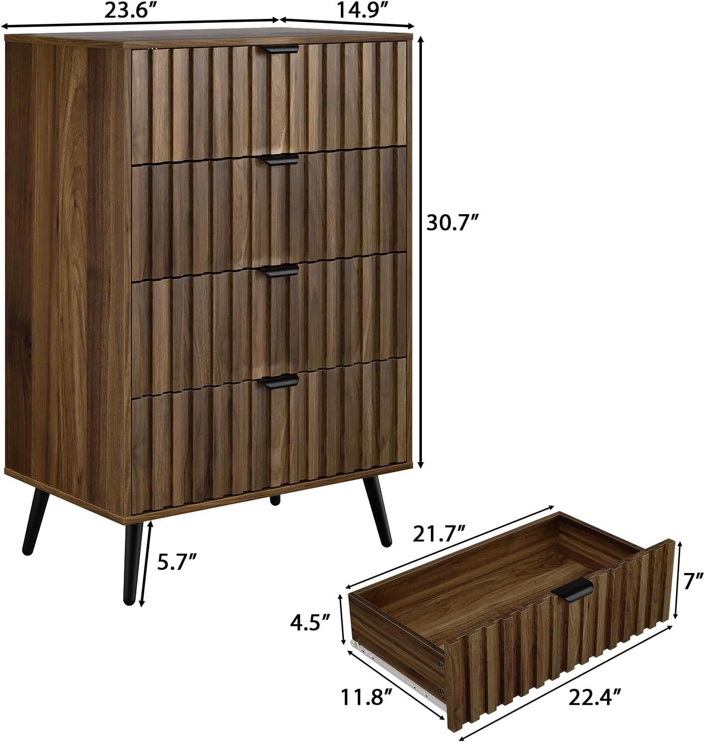 Walnut Fluted 4 Drawers Dresser for Bedroom, Chest of Drawers with Metal Wide Handle, Wooden Dresser for Closet, Bedroom, Living Room, 23.6" x 14.9"D x 30.7" H