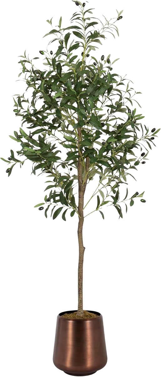 Oliveira Faux Olive Tree with Portell Metal Planter Pot, 5 FT, Bronze, Potted Artificial Olive Plant Tree with Realistic Foliage and Added Moss, Fake Plant Living Room Decor
