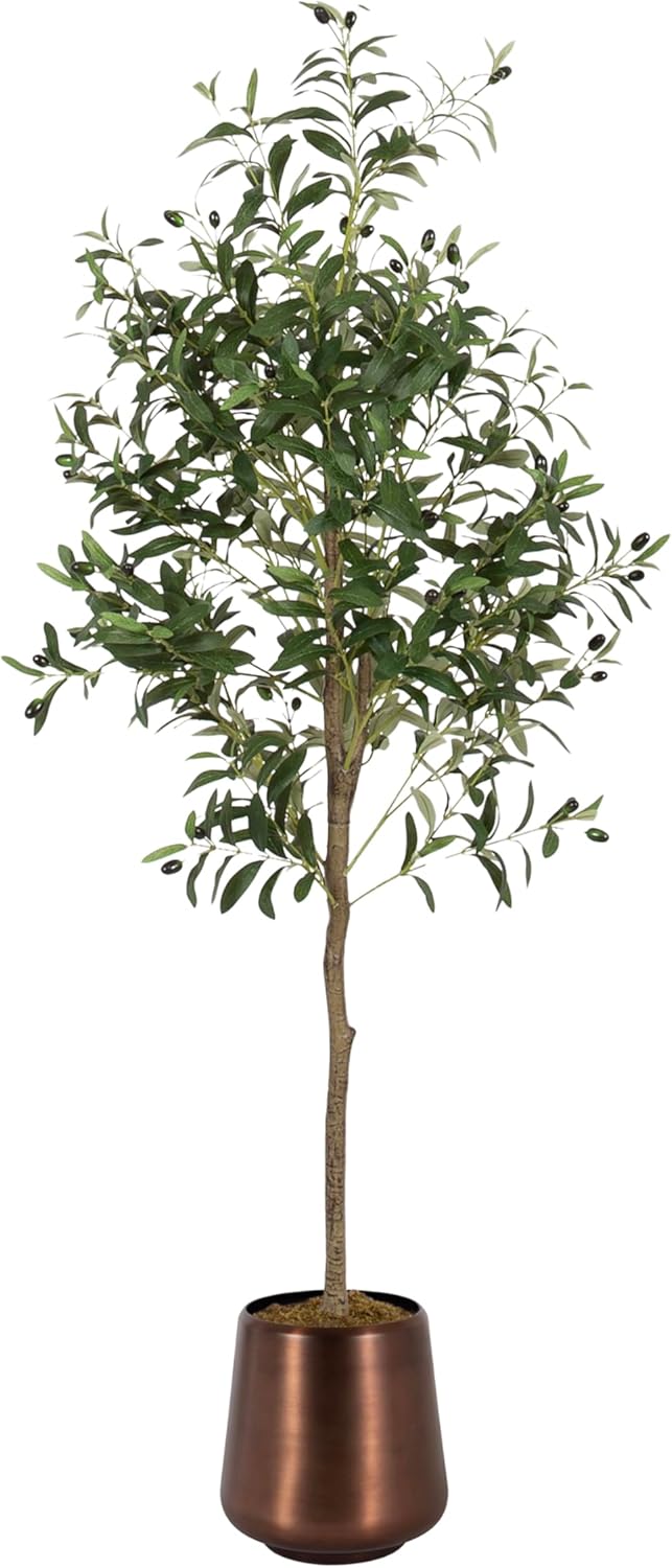 Kate and Laurel Oliveira Faux Olive Tree with Portell Metal Planter Pot, 5 FT, Bronze, Potted Artificial Olive Plant Tree with Realistic Foliage and Added Moss, Fake Plant Living Room Decor