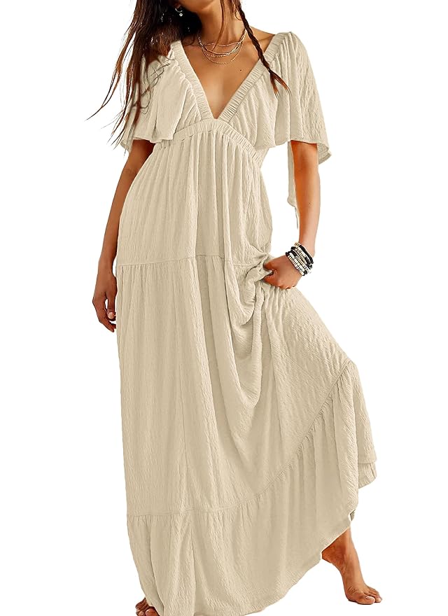 Kikibell Women Summer Dresses Sexy V-Neck Maxi Dress Tiered Silhouette with Flutter Sleeve Backless Elastic Waist Flowy Dress