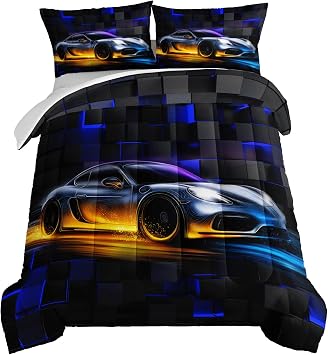 HOSIMA Boys Race Car Full Comforter Sets,Black Blue Geometric Background Pattern Cool Extreme Sports Bedding for Kids Men Car Room Decor,Lightweight Fluffy Comforter with 2 Pillowcases.