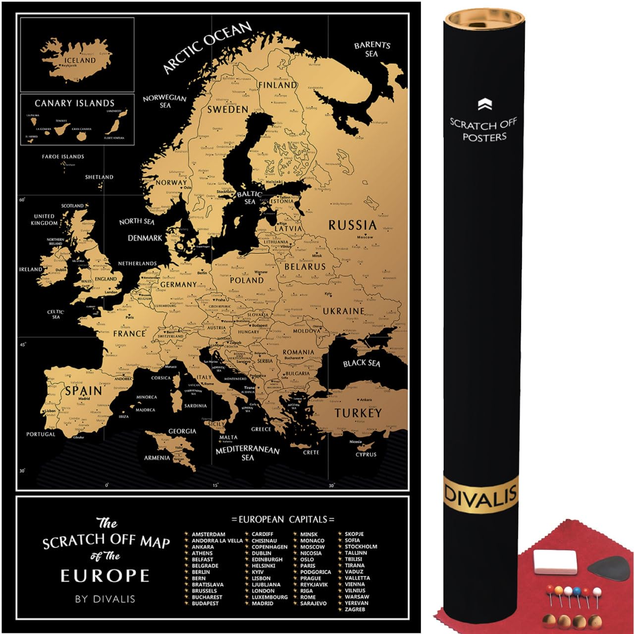Mapa Para Rascar de Europa Fácil de Enmarcar - Póster de Mapa de Viaje Europeo de 61 x 41 con Ciudades - Grandes Mapas de Pared de Viaje Rascable con Rascador Incluido - Scratch off Europe Map