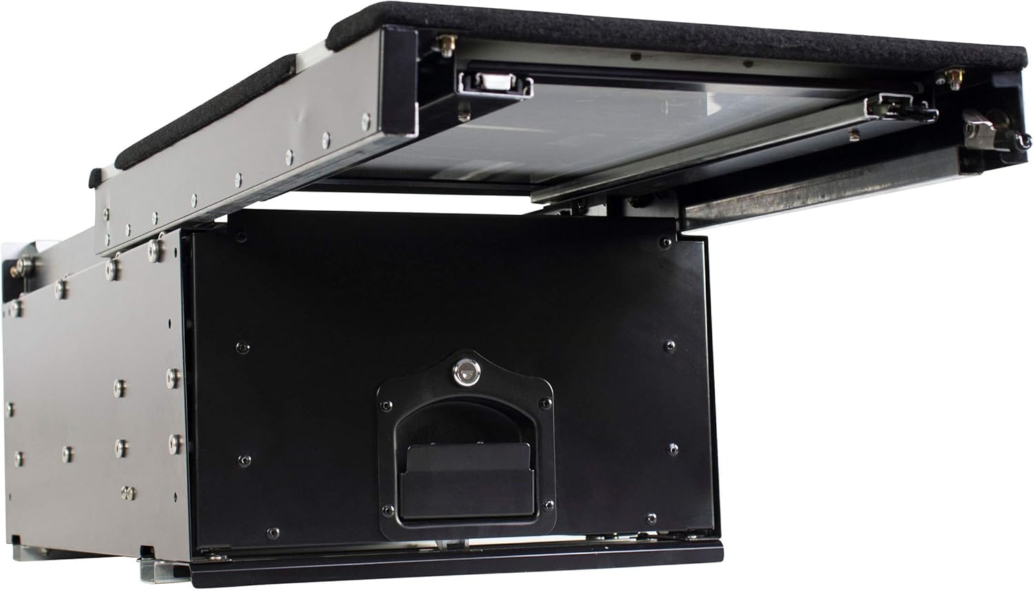 Overland Vehicle Systems Cargo Box With Slide Out Drawer & Working Station Size - Two Stage Dual Black Powder Coat Universal - Marine grade Stainless Steel Hardware
