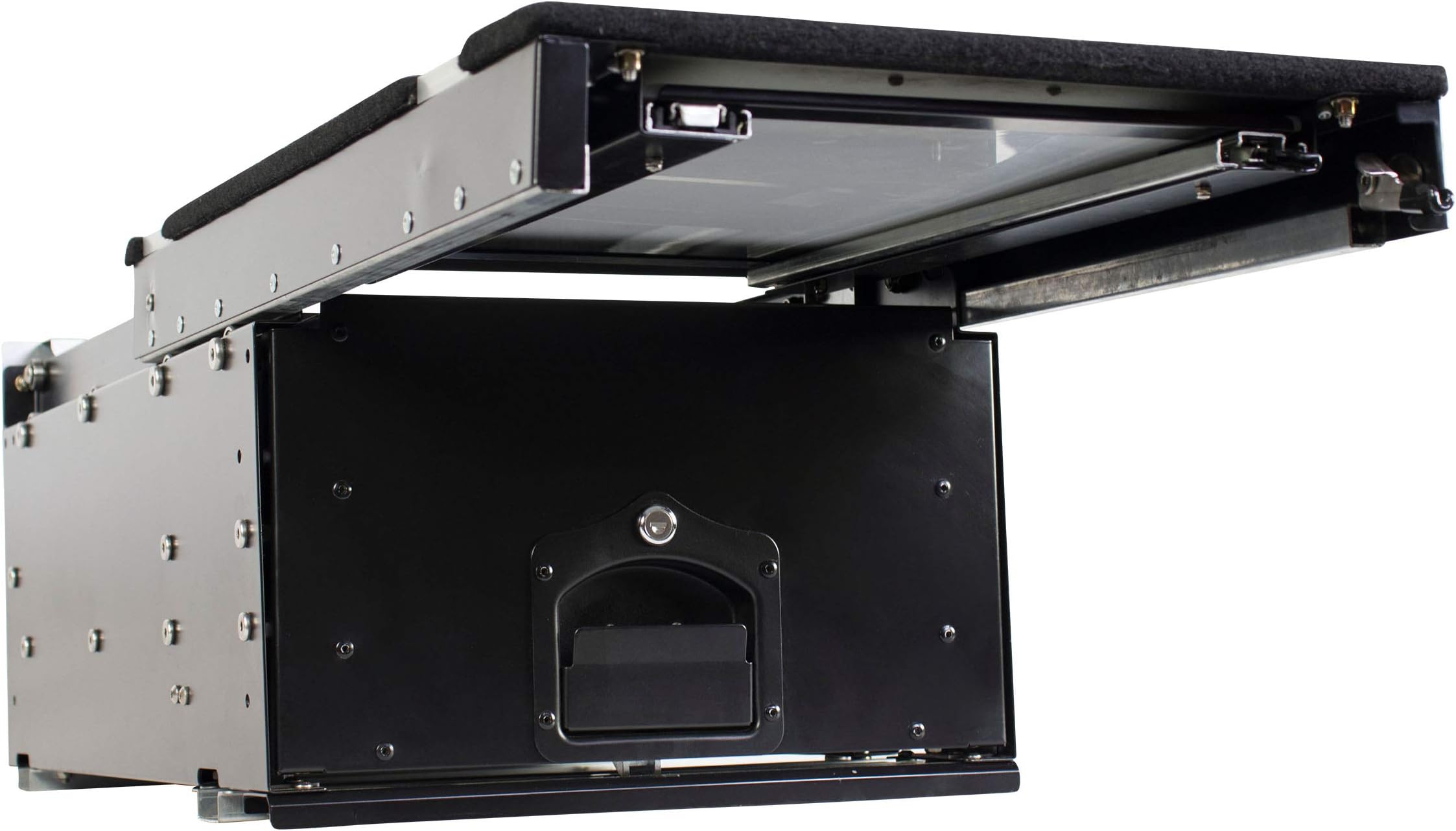 Overland Vehicle Systems Cargo Box With Slide Out Drawer & Working Station Size - Two Stage Dual Black Powder Coat Universal - Marine grade Stainless Steel Hardware