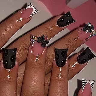 24Pcs French Tip Press on Nails Medium Duck Fake Nails 3D Bow with Rhinestones Glitter Design Full Cover Artificial Acrylic Nails Cute Glue on Nails Black False Nails for Women Girls Nail Art Decor