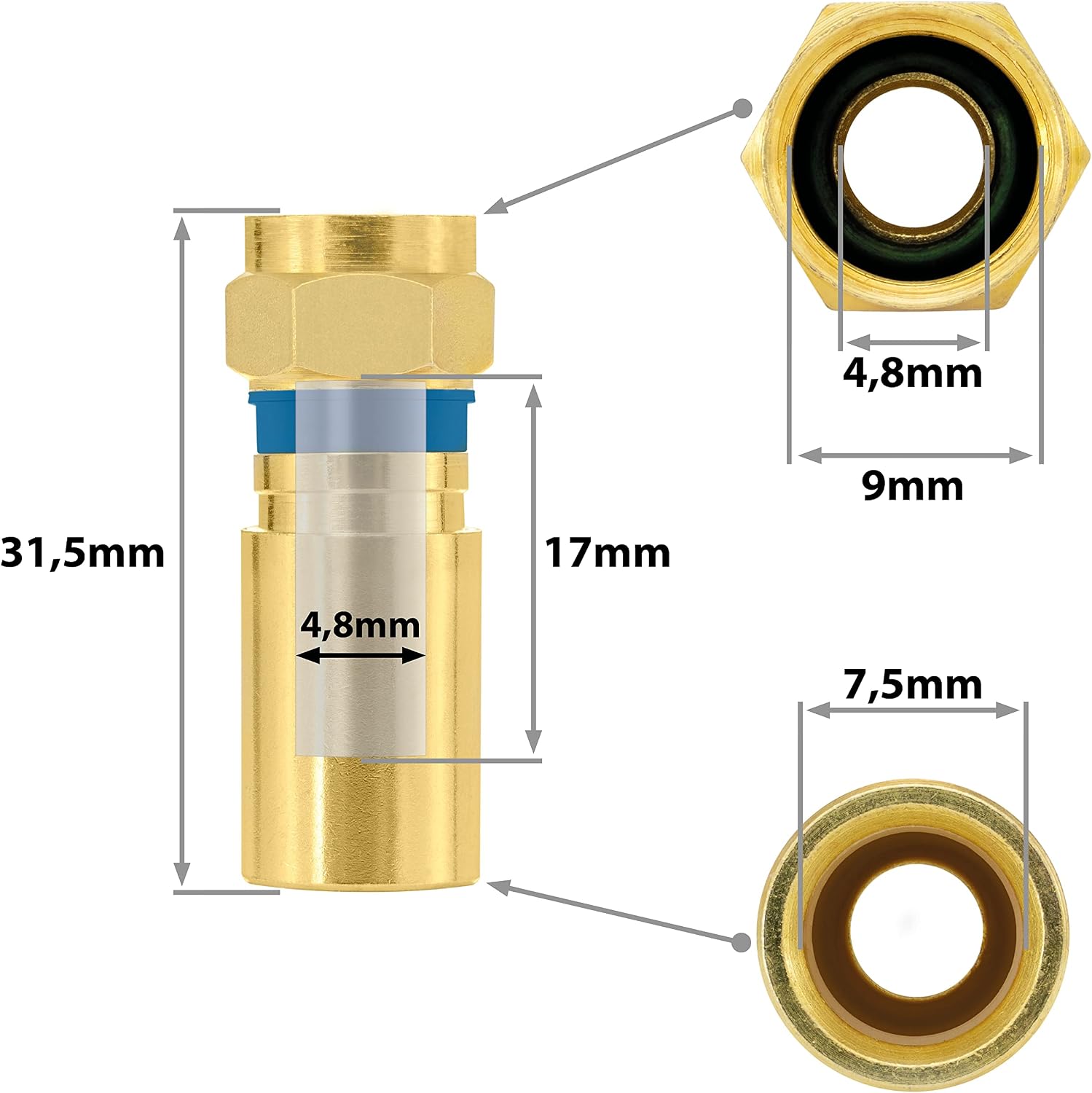 POPPSTAR 20x SAT F Compression Plug, for Coaxial Cable (RG58,RG59,5-7.5mm), gold plated, 20x (gold plated) - Image 5