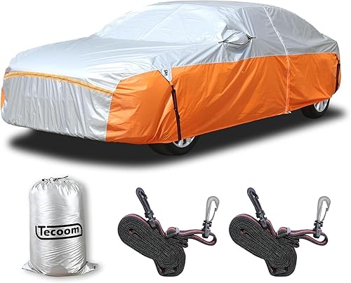 Miniatura 32 de Tecoom Funda para Automóvil Impermeable Todo Clima, Cubierta Completa Exterior Sin Cremallera y Bolsillos para Espejo, Resistente al Viento, Sol