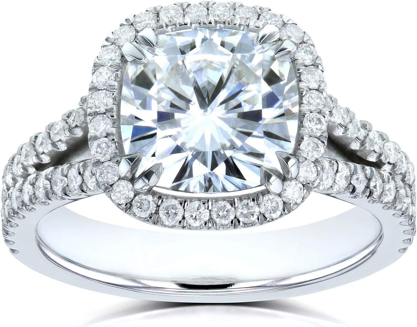 Kobelli Cushion D-E-F Moissanite Split Shank Halo Engagement Ring 3 1/3 CTW 14k White Gold, 6.5