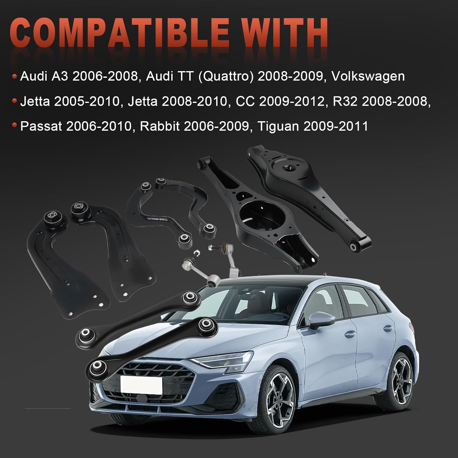 10PCS Rear Left Right Upper Control Arms Suspension Kit Compatible with Audi A3 Quattro TT Quattro Volkswagen CC 2009-2011 EOS GTI Jetta Passat R32 Rabbit Tiguan