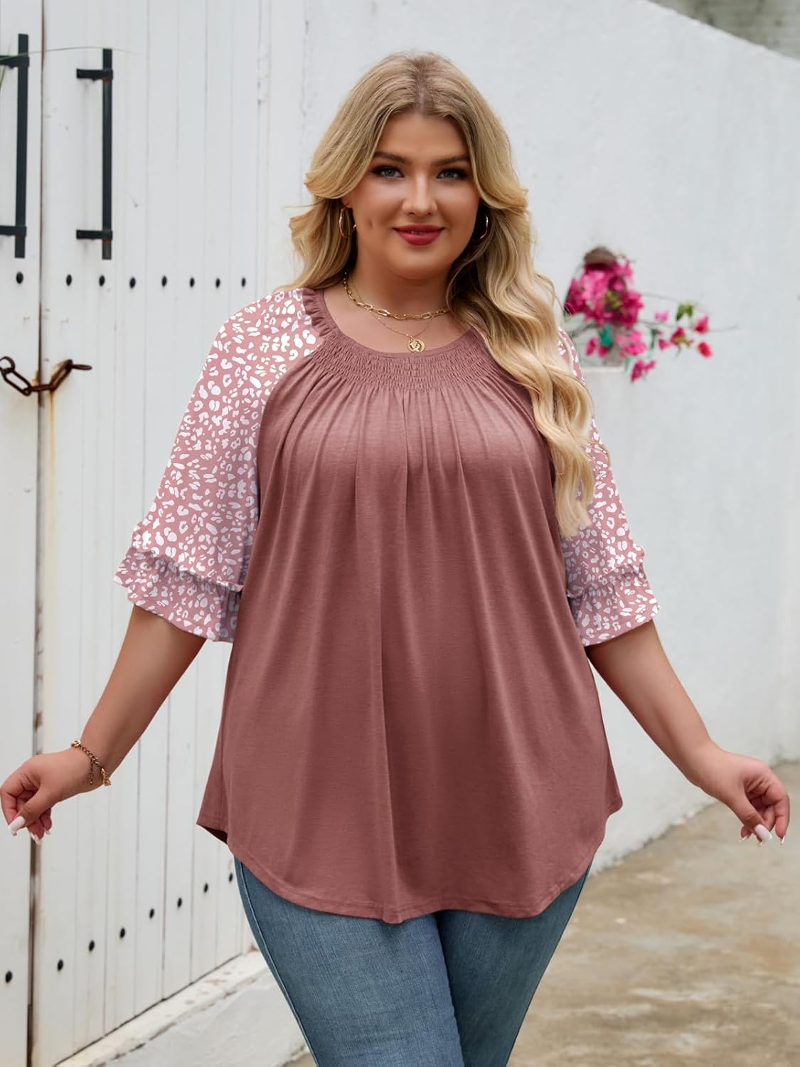 Chulianyouhuo Women's Plus Size Tops Ruffle 3/4 Sleeve Crew Neck Blouse Casual Pleated Fashion Tunic Tops 2025 (1X-5X) - Image 2