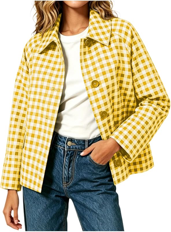campera corta de cuadros vichy para mujer Gabardina corta con solapa ligera